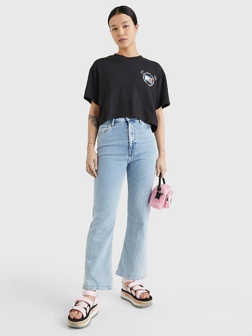 Tommy Hilfiger Oversized Cropped Slogan Póló Női Fekete | TH465GBU