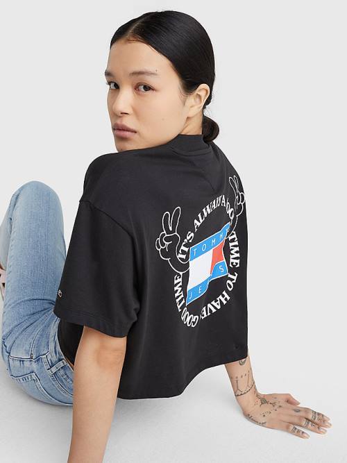 Tommy Hilfiger Oversized Cropped Slogan Póló Női Fekete | TH465GBU