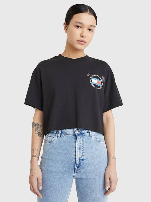 Tommy Hilfiger Oversized Cropped Slogan Póló Női Fekete | TH465GBU