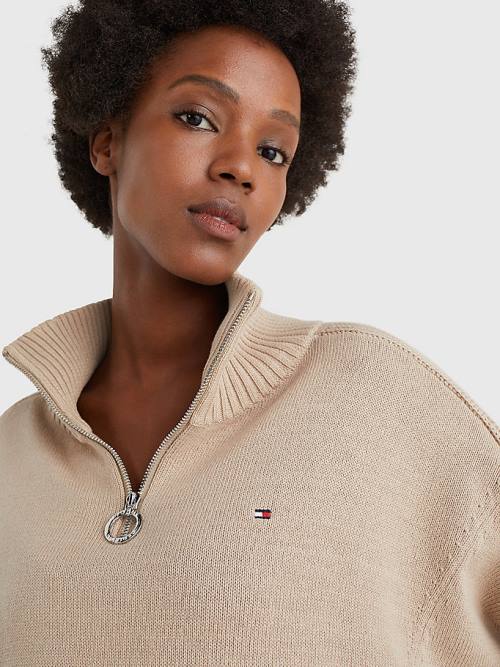 Tommy Hilfiger Oversized Half-Zip High Neck Jumper Pulóverek Női Bézs | TH356QHT