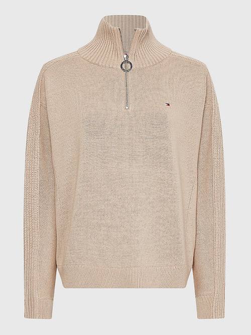 Tommy Hilfiger Oversized Half-Zip High Neck Jumper Pulóverek Női Bézs | TH356QHT