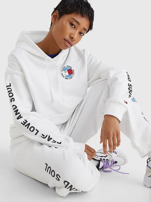 Tommy Hilfiger Oversized Peace Logo Kapucnis Pulóver Női Fehér | TH863QAU