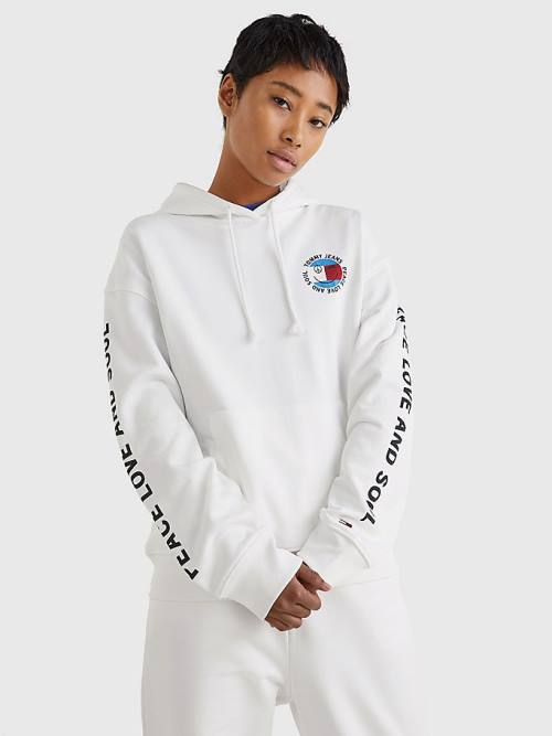 Tommy Hilfiger Oversized Peace Logo Kapucnis Pulóver Női Fehér | TH863QAU