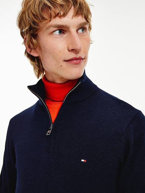 Tommy Hilfiger Pima Pamut Cashmere Half Zip Jumper Pulóverek Férfi Kék | TH183YTA