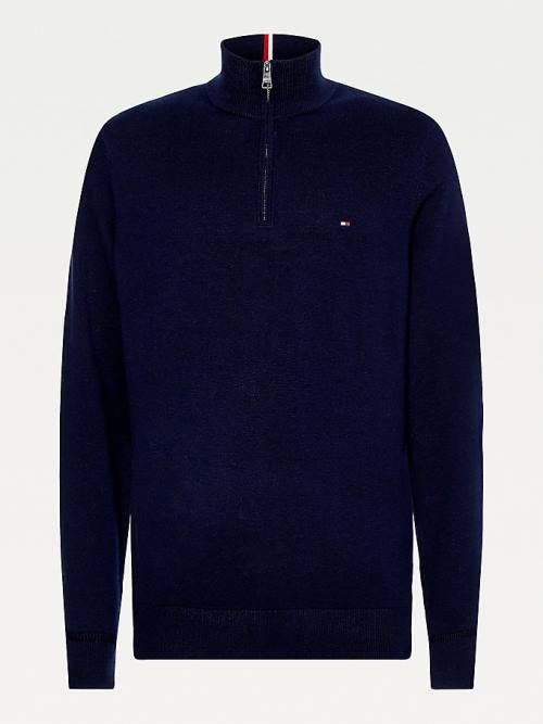 Tommy Hilfiger Pima Pamut Cashmere Half Zip Jumper Pulóverek Férfi Kék | TH183YTA