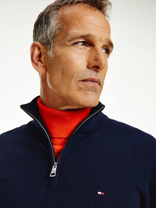 Tommy Hilfiger Pima Pamut Cashmere Half Zip Jumper Pulóverek Férfi Kék | TH183YTA