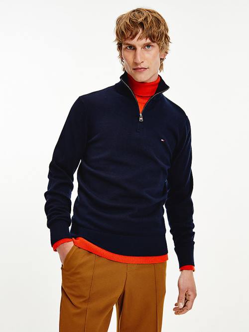 Tommy Hilfiger Pima Pamut Cashmere Half Zip Jumper Pulóverek Férfi Kék | TH183YTA