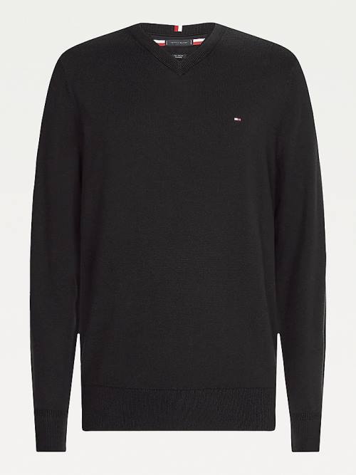 Tommy Hilfiger Pima Pamut Cashmere V-Neck Jumper Pulóverek Férfi Fekete | TH203AYB