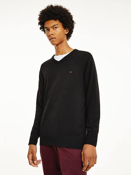 Tommy Hilfiger Pima Pamut Cashmere V-Neck Jumper Pulóverek Férfi Fekete | TH203AYB