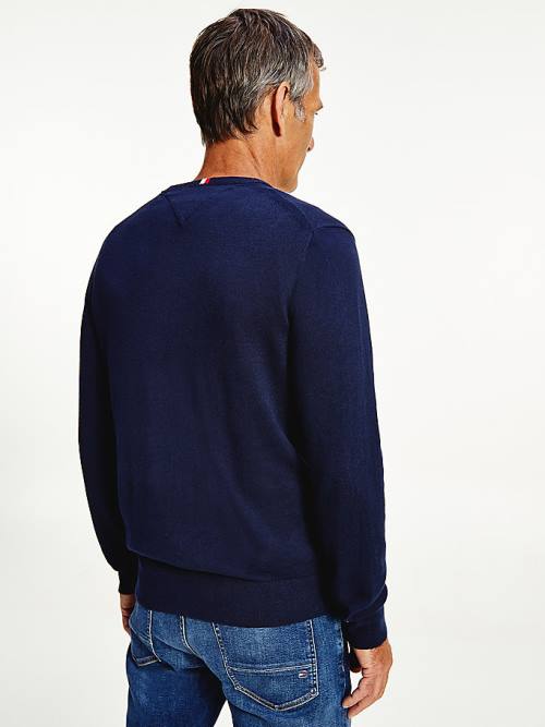 Tommy Hilfiger Pima Pamut Cashmere V-Neck Jumper Pulóverek Férfi Kék | TH964SCR