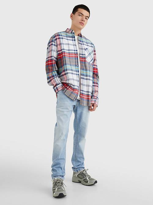 Tommy Hilfiger Plaid Check Organic Oxford Pamut Ingek Férfi Kék | TH815TXQ