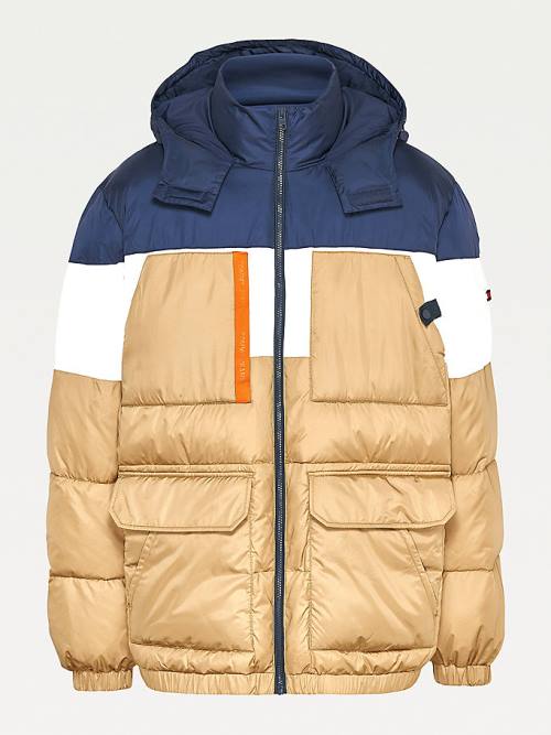 Tommy Hilfiger Plus Colour-Blocked Csuklyás Puffer Kabát Férfi Khaki | TH691HMX