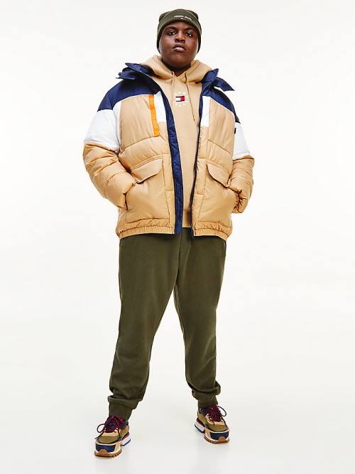 Tommy Hilfiger Plus Colour-Blocked Csuklyás Puffer Kabát Férfi Khaki | TH691HMX