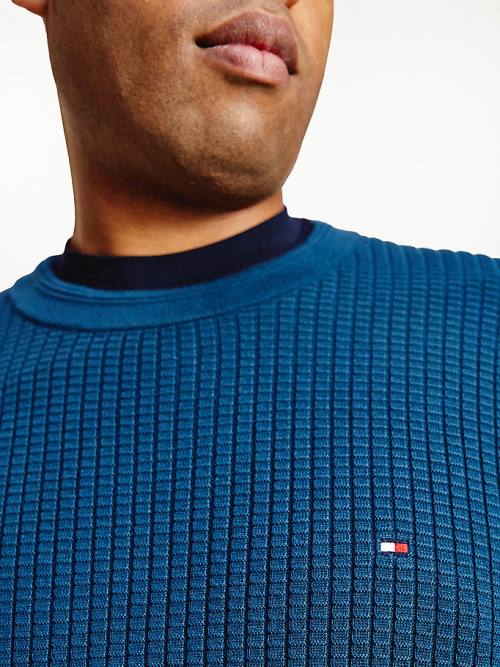 Tommy Hilfiger Plus Knitted Grid Check Crew Neck Jumper Pulóverek Férfi Kék | TH216EFT