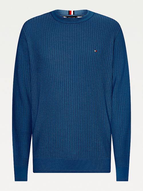 Tommy Hilfiger Plus Knitted Grid Check Crew Neck Jumper Pulóverek Férfi Kék | TH216EFT