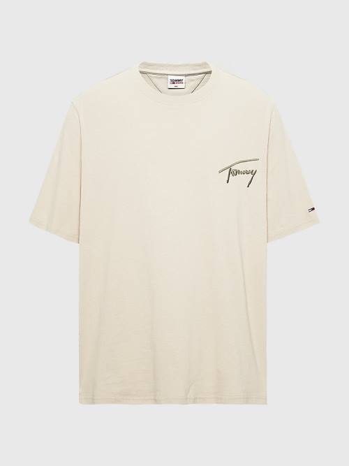 Tommy Hilfiger Plus Signature Recycled Pamut Póló Férfi Bézs | TH720WGQ