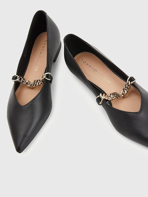 Tommy Hilfiger Pointed Toe Chain Bőr Balerina Cipő Női Fekete | TH970BZW