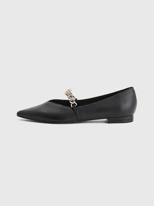 Tommy Hilfiger Pointed Toe Chain Bőr Balerina Cipő Női Fekete | TH970BZW