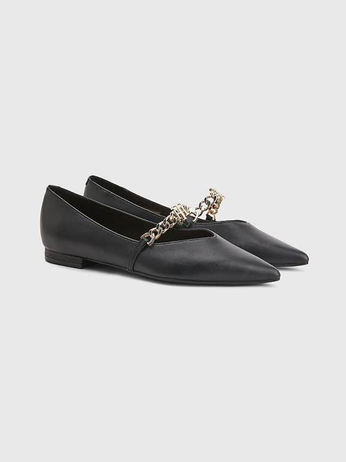 Tommy Hilfiger Pointed Toe Chain Bőr Balerina Cipő Női Fekete | TH970BZW