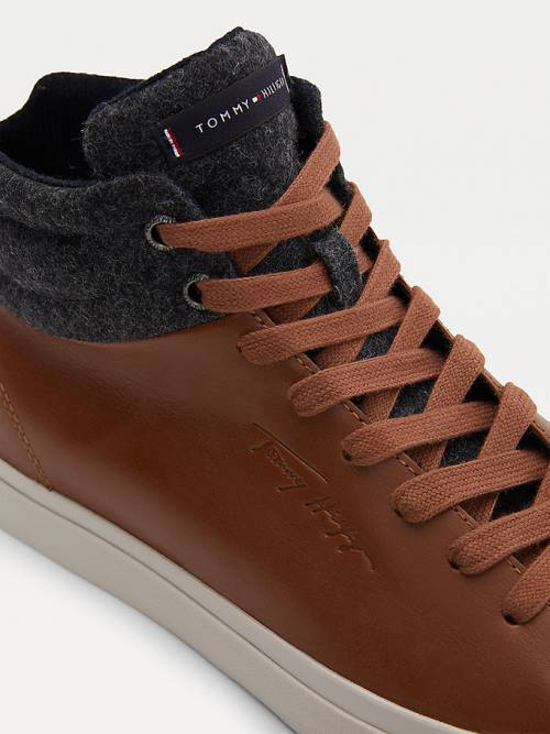 Tommy Hilfiger Premium Bőr Signature High-Top Tornacipő Férfi Barna | TH340ZDL