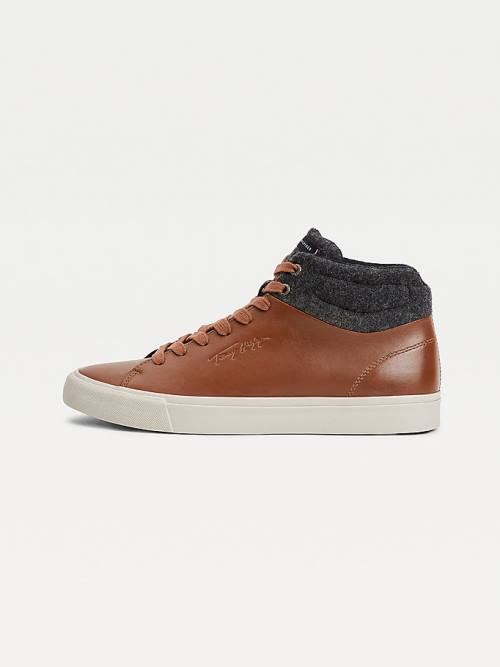 Tommy Hilfiger Premium Bőr Signature High-Top Tornacipő Férfi Barna | TH340ZDL