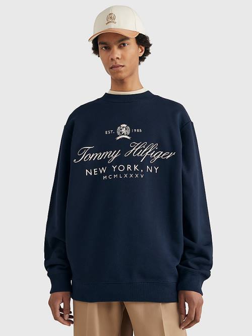 Tommy Hilfiger Prep Crest Organic Pamut Pulóver Férfi Kék | TH960YJC