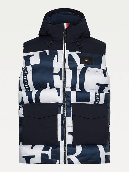 Tommy Hilfiger Print Csuklyás Puffer Vest Dzseki Férfi Kék | TH413GVU