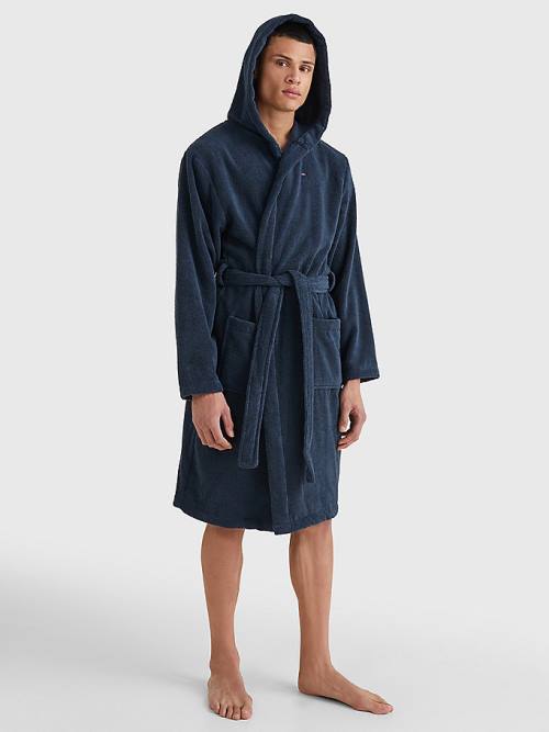 Tommy Hilfiger Pure Pamut Csuklyás Bathrobe Pizsama Férfi Kék | TH052MYX