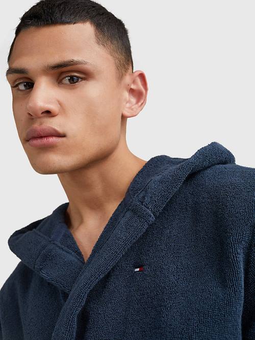 Tommy Hilfiger Pure Pamut Csuklyás Bathrobe Pizsama Férfi Kék | TH052MYX