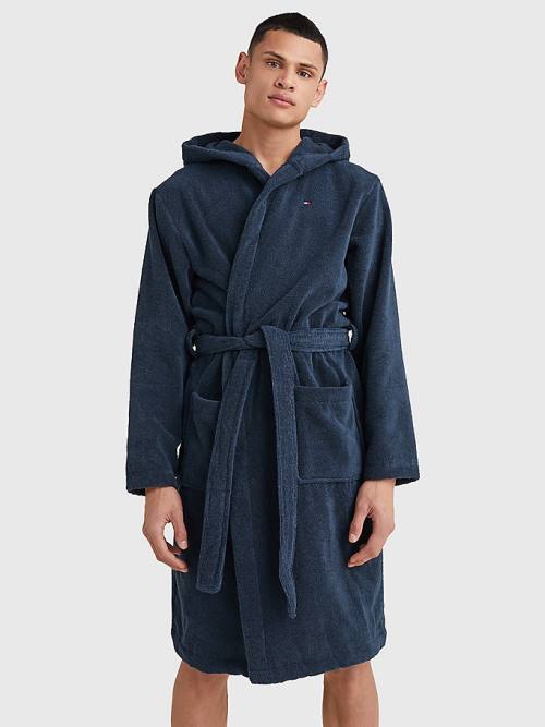 Tommy Hilfiger Pure Pamut Csuklyás Bathrobe Pizsama Férfi Kék | TH052MYX