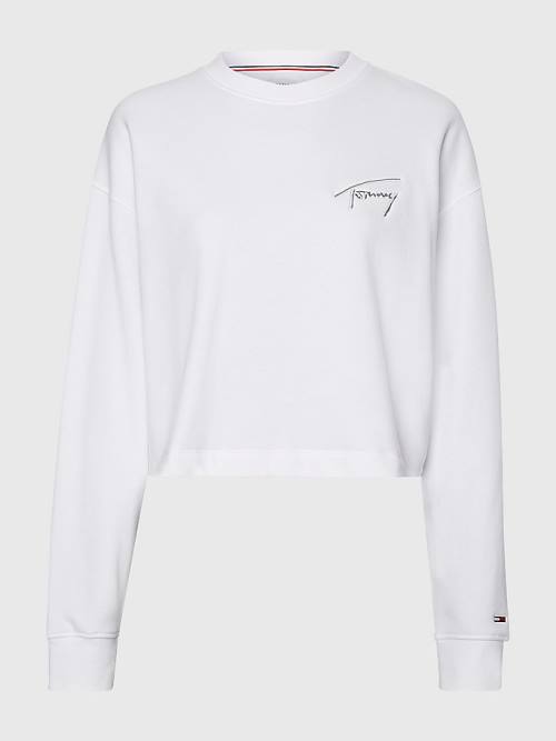 Tommy Hilfiger Recycled Signature Logo Cropped Pulóver Női Fehér | TH410CBT