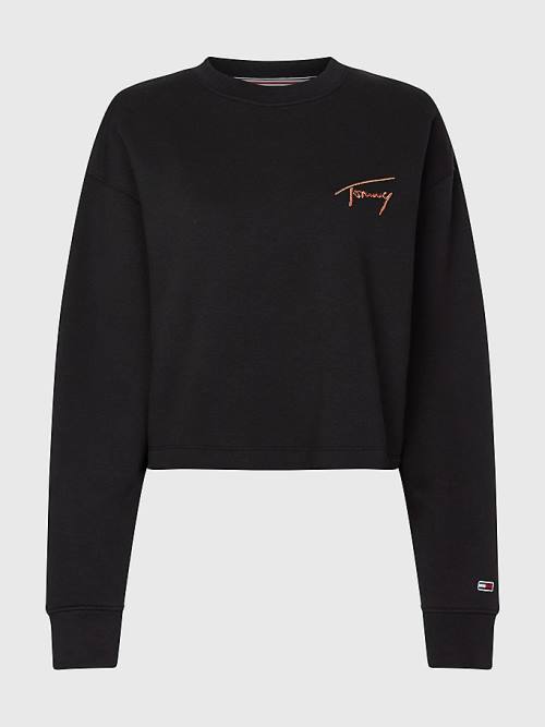 Tommy Hilfiger Recycled Signature Logo Cropped Pulóver Női Fekete | TH462EVY