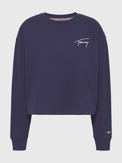 Tommy Hilfiger Recycled Signature Logo Cropped Pulóver Női Kék | TH487DTN