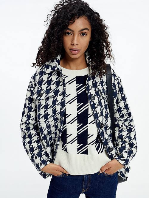 Tommy Hilfiger Recycled Wool Blend Houndstooth Shacket Dzseki Női Kék | TH938BXZ