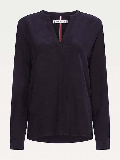 Tommy Hilfiger Regular Fit V-Neck Viscose Blúz Női Fekete | TH245ZXD