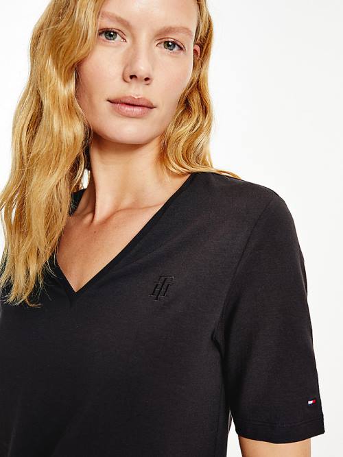 Tommy Hilfiger Relaxed Fit V-Neck Monogram Póló Női Fekete | TH093RZQ