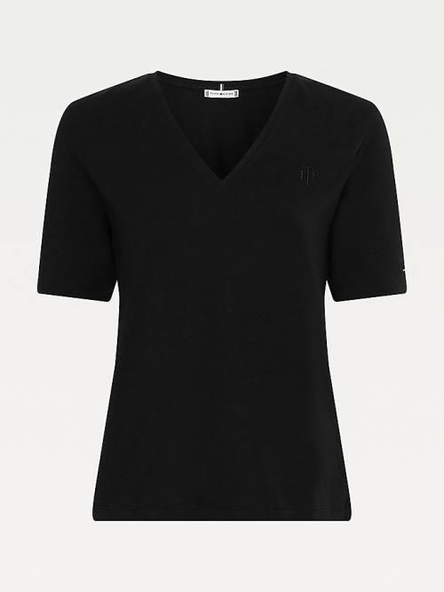 Tommy Hilfiger Relaxed Fit V-Neck Monogram Póló Női Fekete | TH093RZQ