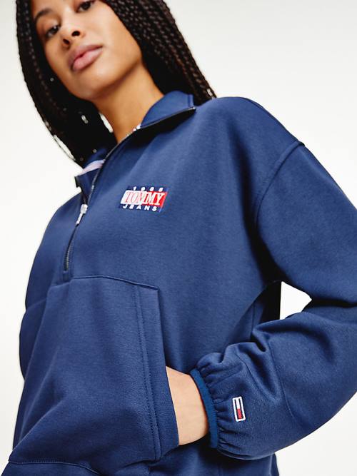 Tommy Hilfiger Relaxed Timeless Tommy Logo Half-Zip Sweatshirt Kapucnis Pulóver Női Kék | TH462DVT