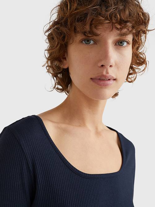 Tommy Hilfiger Rib Square Neck Slim Midi Ruha Női Kék | TH674EQX