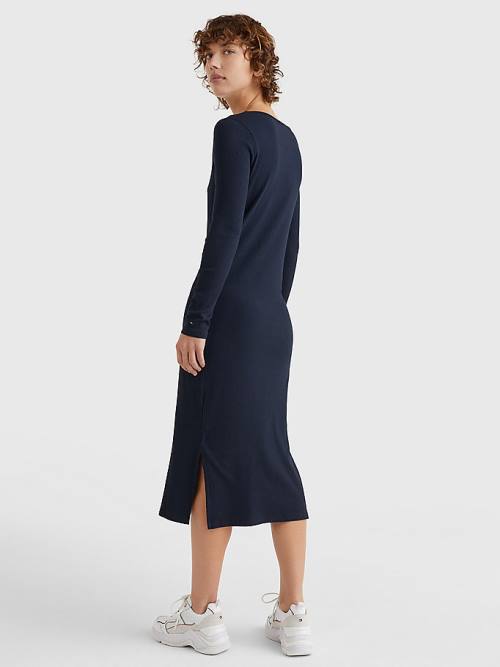 Tommy Hilfiger Rib Square Neck Slim Midi Ruha Női Kék | TH674EQX