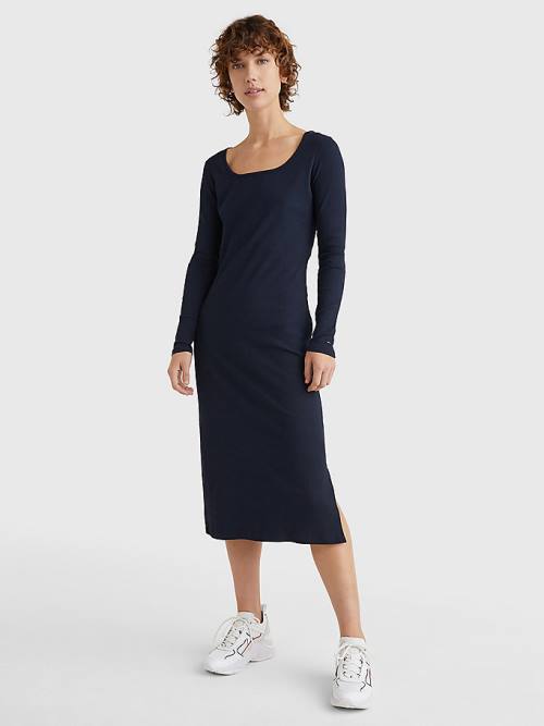 Tommy Hilfiger Rib Square Neck Slim Midi Ruha Női Kék | TH674EQX