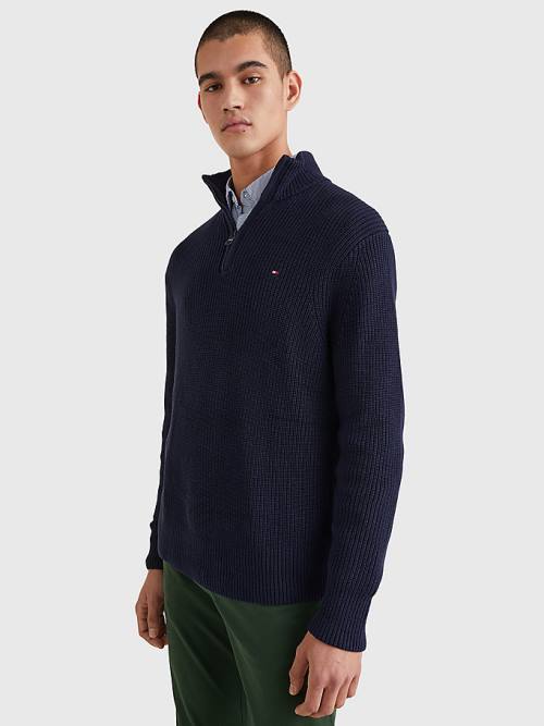 Tommy Hilfiger Ribbed Half-Zip Relaxed Fit Jumper Pulóverek Férfi Kék | TH602IBH