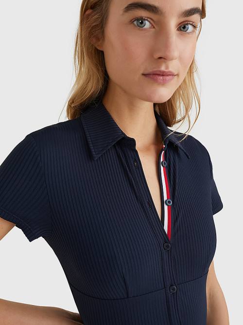 Tommy Hilfiger Ribbed Polo One Piecesuit Fürdőruha Női Kék | TH386ZKO