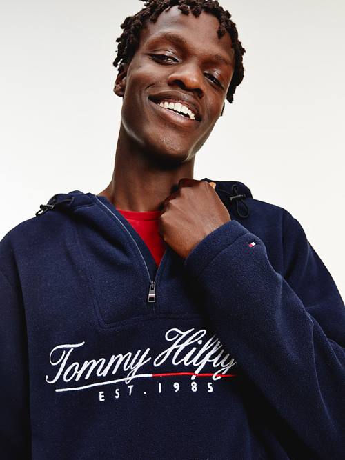 Tommy Hilfiger Script Logo Recycled Fleece Popover Anorak Kapucnis Pulóver Férfi Kék | TH065IKW