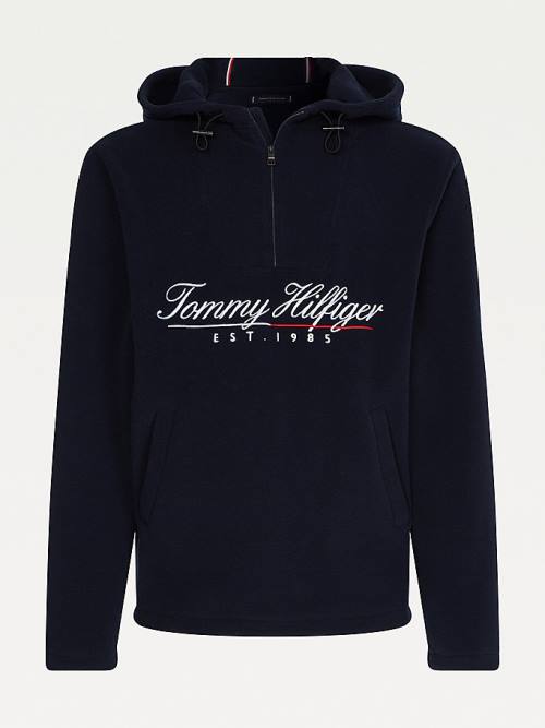 Tommy Hilfiger Script Logo Recycled Fleece Popover Anorak Kapucnis Pulóver Férfi Kék | TH065IKW