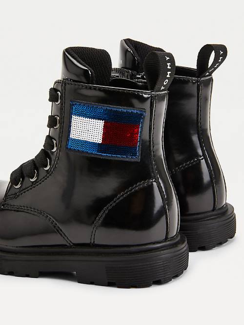 Tommy Hilfiger Sequin Flag Lakkbőr Csipke-Up Bakancs Lány Fekete | TH680XKG