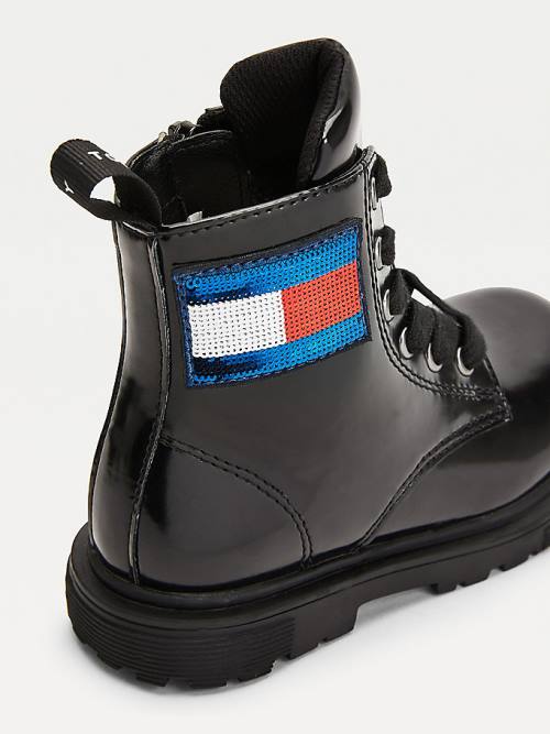 Tommy Hilfiger Sequin Flag Lakkbőr Csipke-Up Bakancs Lány Fekete | TH680XKG