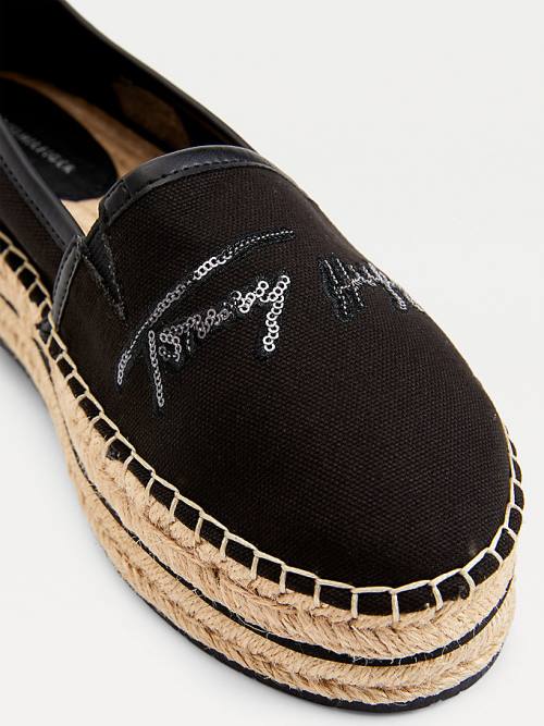 Tommy Hilfiger Sequin Signature Flatform Espadrilles Loafer Cipő Női Fekete | TH046OLA