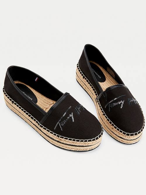 Tommy Hilfiger Sequin Signature Flatform Espadrilles Loafer Cipő Női Fekete | TH046OLA