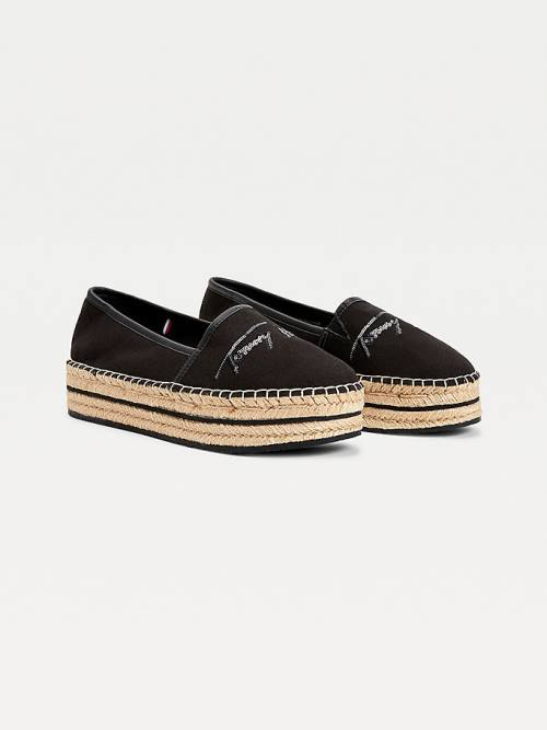 Tommy Hilfiger Sequin Signature Flatform Espadrilles Loafer Cipő Női Fekete | TH046OLA